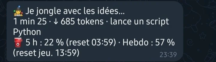 Message d'attente : « Je jongle avec les idées… 1 min 25, 685 tokens, lance un script Python », avec le quota restant.