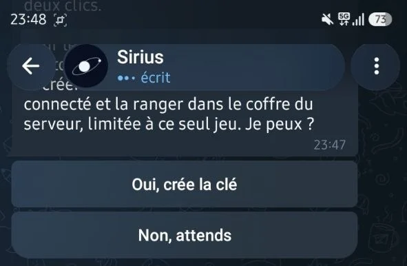Il demande « Je peux ? » avant de créer une clé d'accès, avec deux boutons : « Oui, crée la clé » et « Non, attends ».