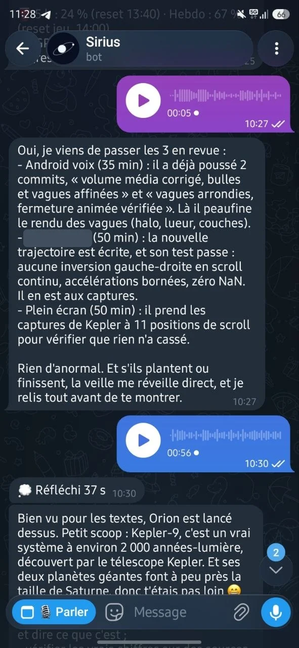 Capture de Telegram sur téléphone : un vocal de 5 secondes, puis le point sur trois chantiers en cours, un second vocal et une nouvelle réponse après 37 secondes de réflexion.