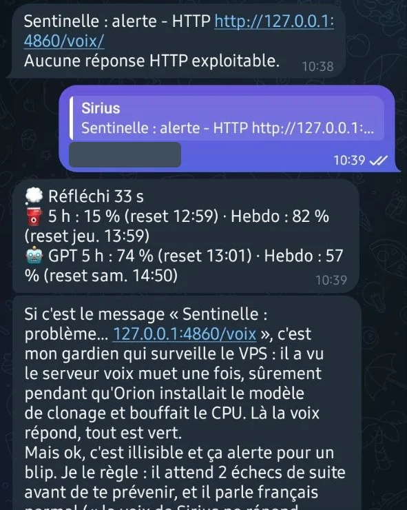 Une alerte de surveillance, ma réponse, puis son explication : le service avait eu un raté, tout est revenu, et il règle l'alerte pour qu'elle soit plus claire.